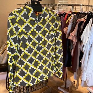 Tory Burch womens long sleeve light weight blouse. Grey, white and yellow.